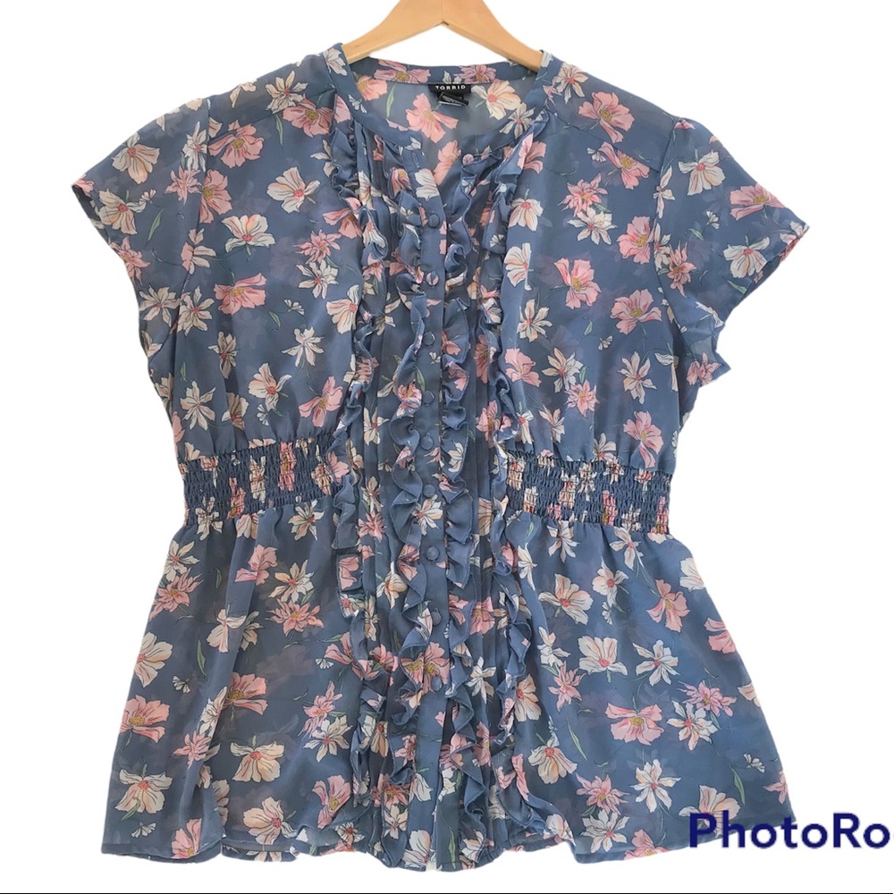 Torrid Floral Sheer Ruffle Blouse Top Buttons Pastel Blue Pink, Plus Size 1/1X